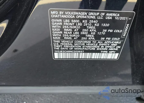 2022 Volkswagen Atlas Cross Sport 3.6L V6 Se W/Technology from USA, damaged, VIN 1V2JE2CA6NC203937